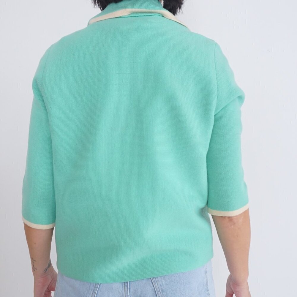 Vintage Teal w White Embroidered Floral Open Front Cardigan Sweater S - Picture 3 of 11